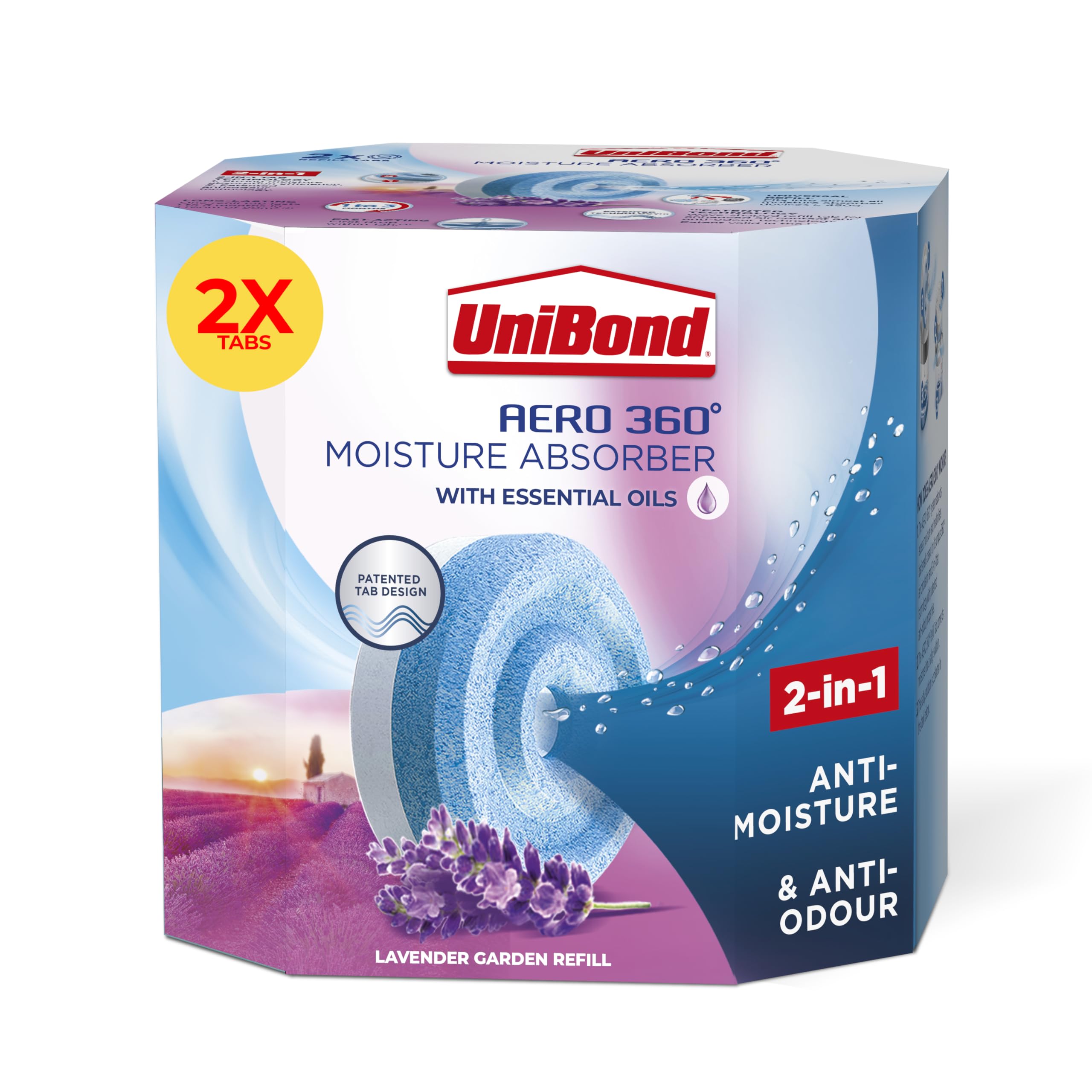 UniBond AERO 360° Moisture Absorber Lavender Garden Refill Tab, aromatherapy, ultra-absorbent and odour-neutralising, for AERO 360° Dehumidifier, Condensation Absorbers, Twin Pack (2 x 450g)