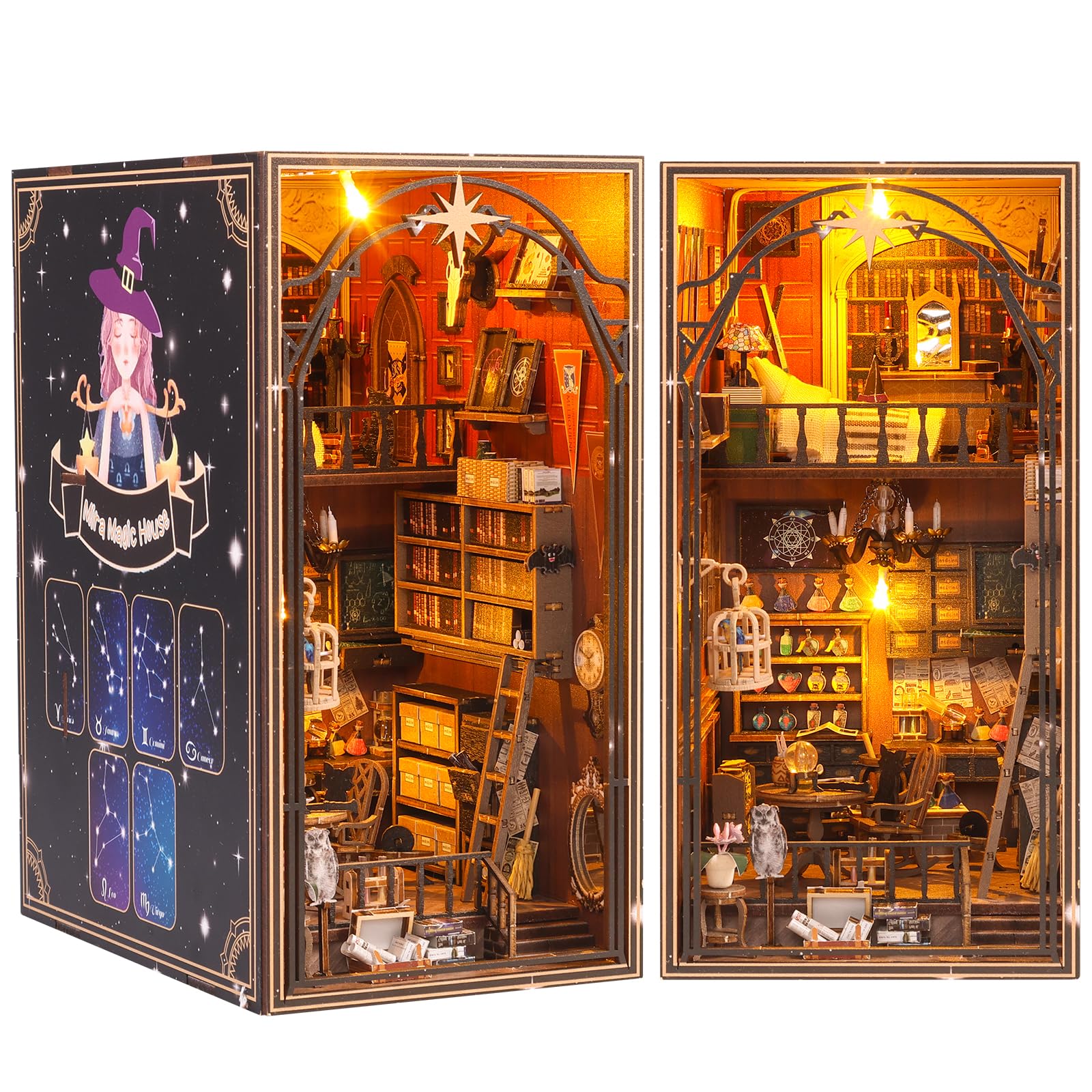 DIY Book Nook Kit, DIY Miniature Dolls House Kit with Furniture and LED Light, 3D Wooden Puzzle Bookshelf Insert Decor Educational Bookshelf Insert Bookend Building Kits for Kids Adults