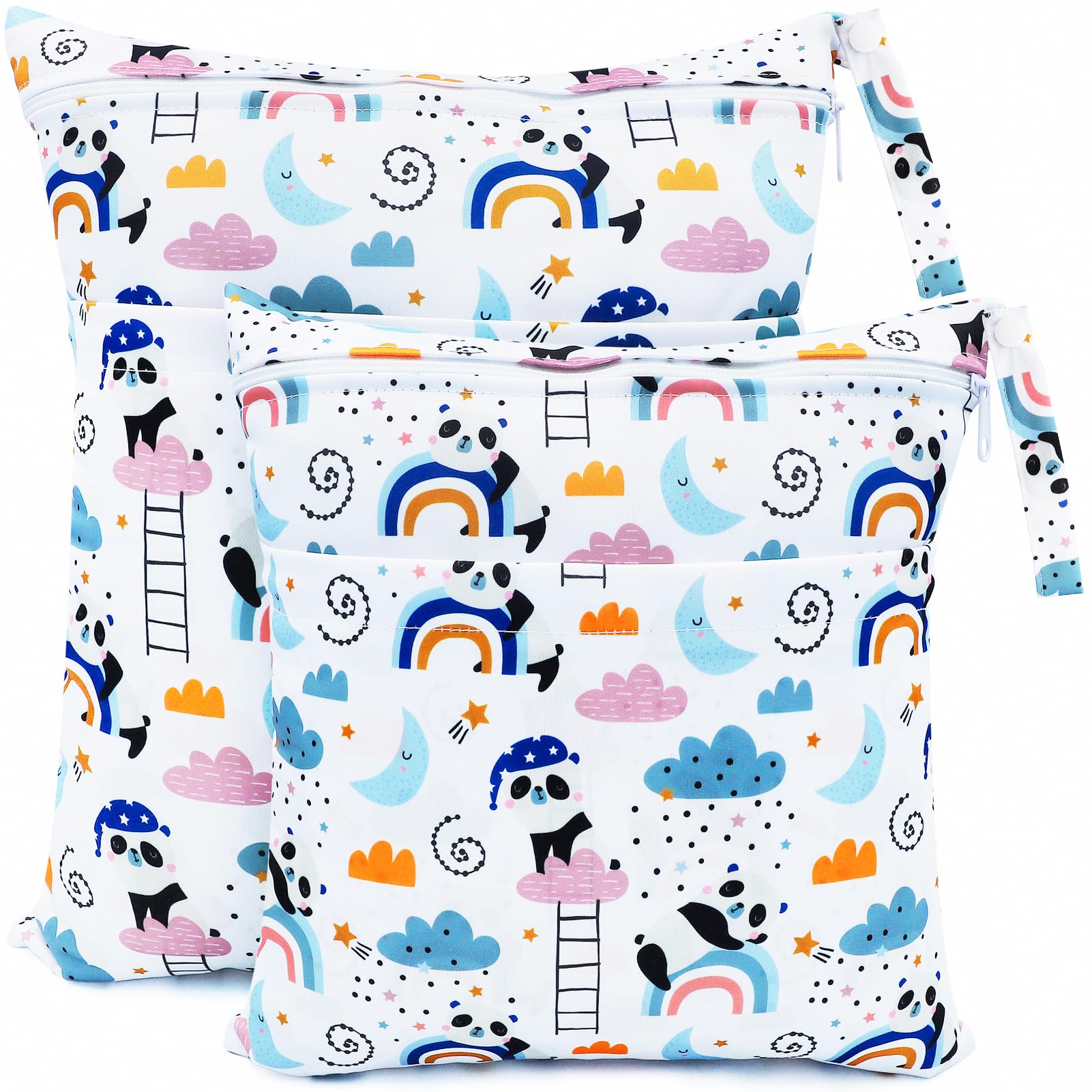 CHEESANHERR Cloth Nappy Bags，2 Pcs Wet Bags, Wet Dry Bags for Cloth Diapers, Changing Bag Storage Bag Organizer with Double Zipper Waterproof Washable Reusable for Daycare Travel Beach (White Panda)