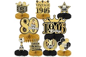 9 Pcs 80th Birthday Decorations For Men Women, Honeycomb Centerpieces For Table Black And Gold Birthday Decorations, Happy Bi
