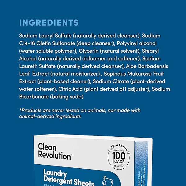 CLEAN REVOLUTION LAUNDRY DETERGENT SHEETS, 50 SHEETS, 100 LOADS OF LAUNDRY, FRAGRANCE FREE, SEPTIC SAFE, DISSOLVES COMPLETELY, USA PRODUCED AND INSPECTED