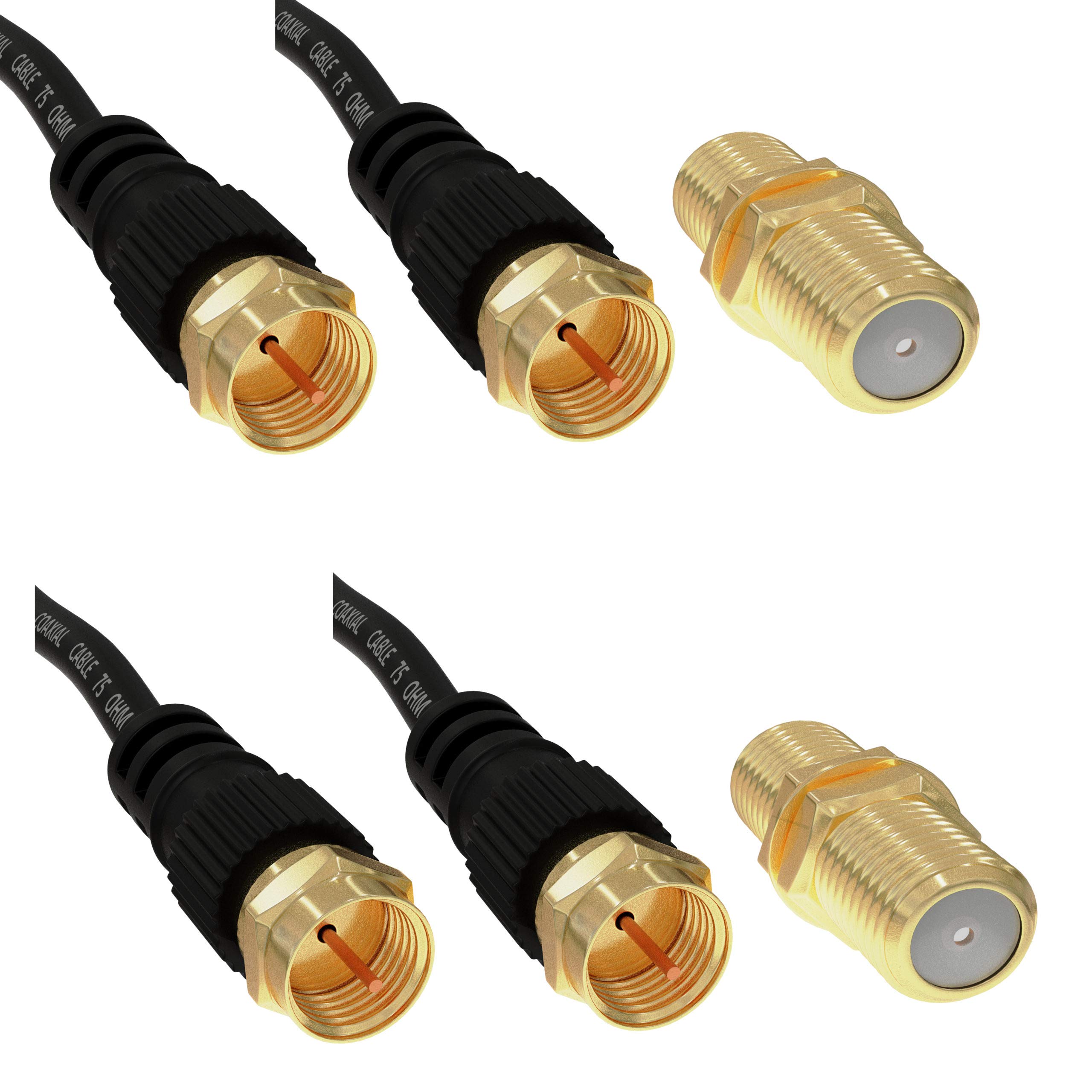 ConnectingU® Twin Pack 1m Black Satellite Coaxial Cable Kit (Virgin Media & Sky Compatible) - Male to Male Cable with F-Type Connectors Bundled with an F-Type Female to Female Coupler