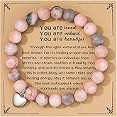 MIXJOY Positive Affirmation Reminder Natural Stone Healing Bracelet - You are Loved Valued Beautiful Inspirational Relaxation Bracelet for Women, Anxiety Self-Worth Uplifting Pick Up Gift