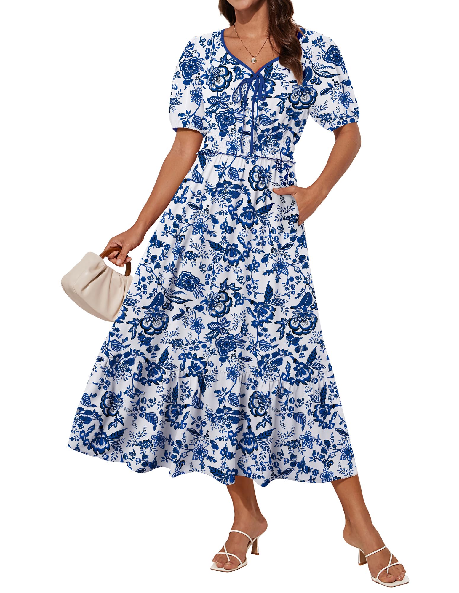 Photo 1 of Short Sleeve V-Neck Floral Beach Dresses for Women 2025 Vacation Navy Blue XXL
