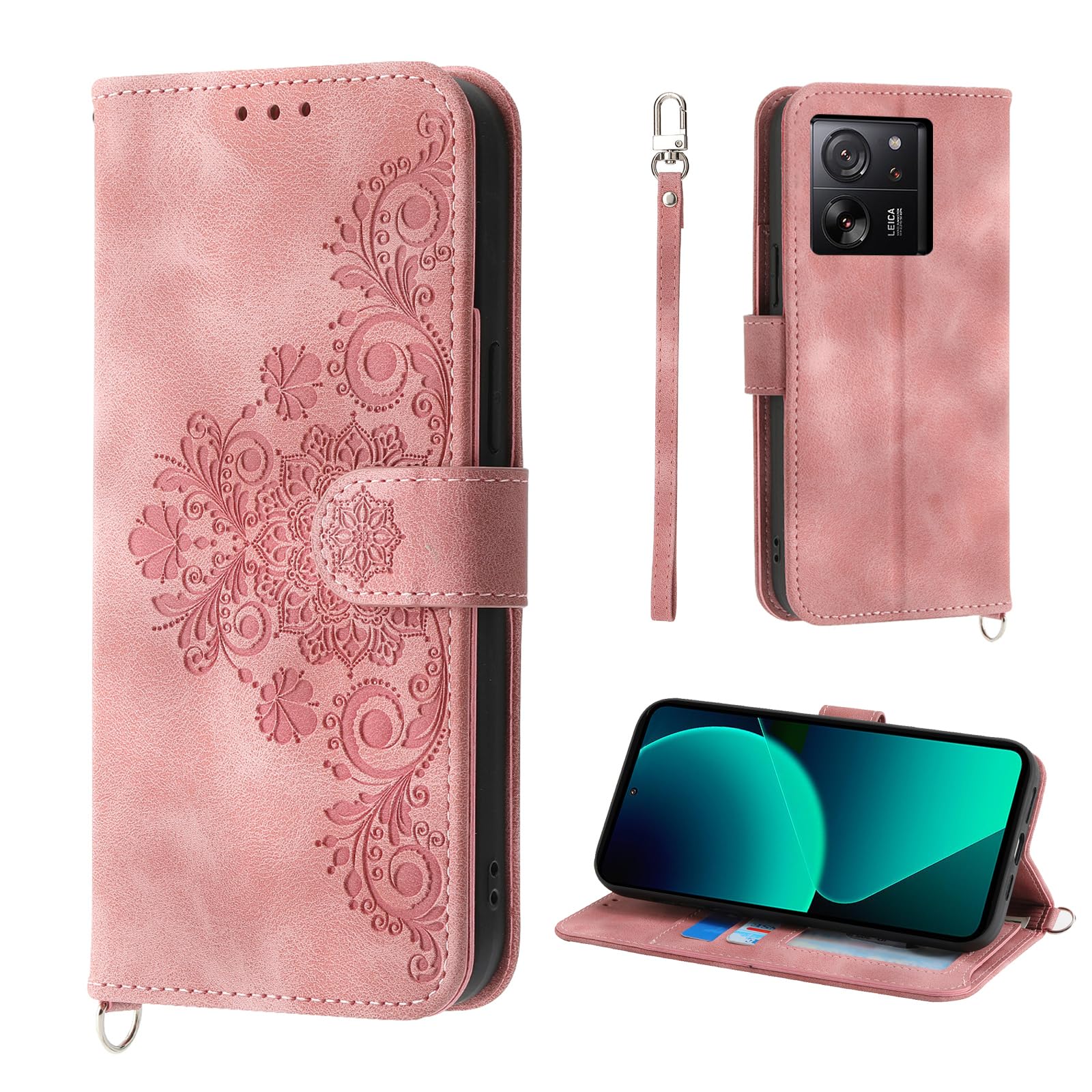Auslbin Flower Phone Case for Xiaomi 13T / 13T Pro Cover 2023 6.67", 5 Card Slots Vintage Style PU Leather Protective Case for Xiaomi 13T / 13T Pro 2023 6.67", Pink