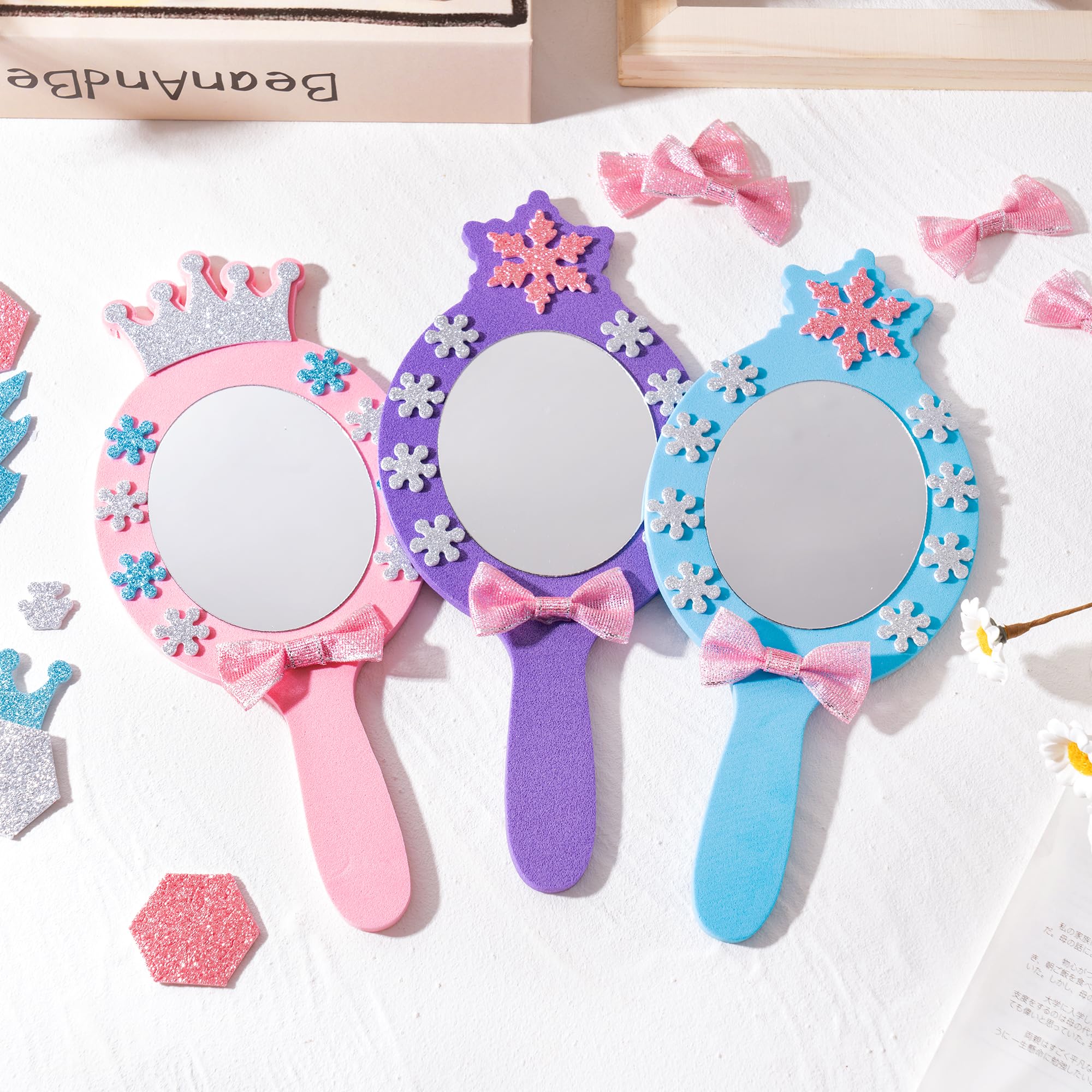 BeYumi Princess Foam Mirror Craft - 18 Pack DIY Decorate Your Own Princess Mirror Craft Kits for Kids Unbreakable Kids Mirrors for Girls Party Decoration Birthday Supplies Gift