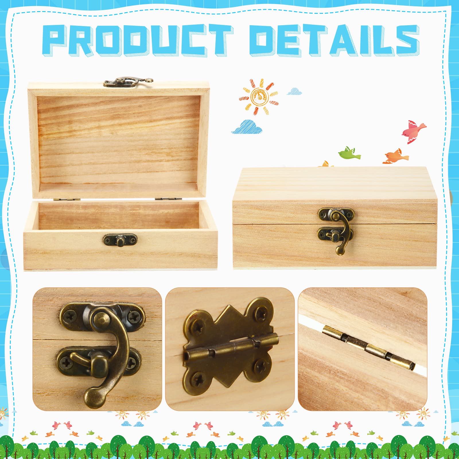 Unfinished Wooden Box with Hinged Lid Wood Small Craft Unpainted Box Jewelry Keepsake Rectangle Box Treasure Gift Storage Box for DIY Craft Home Storage Art Project, 6 x 4 x 2 Inch(18)