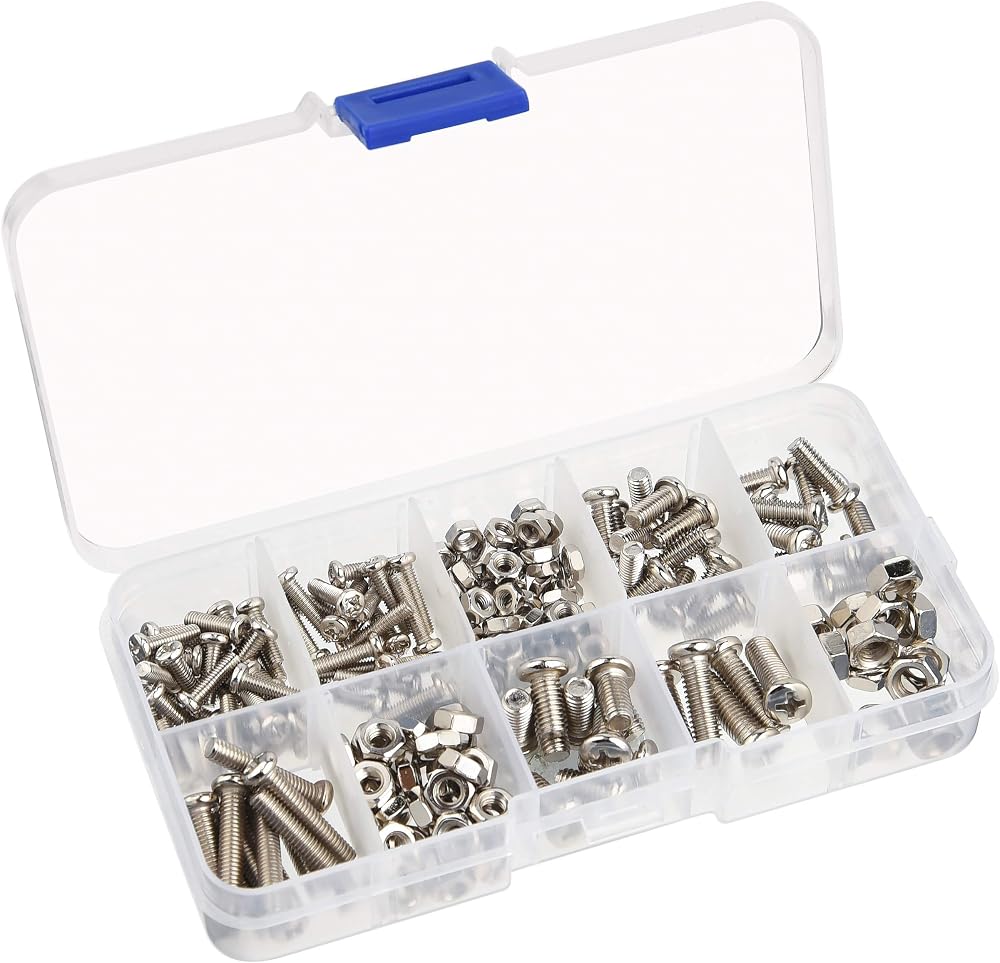 TUPARKA 200pc M3 M4 M5 Machine Screw Nut Assortment Kit Nickel Plated Steel