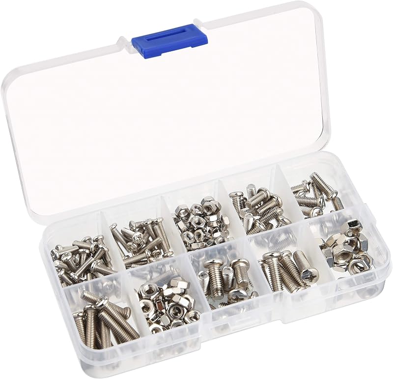 TUPARKA 200pc M3 M4 M5 Machine Screw Nut Assortment Kit Nickel Plated Steel