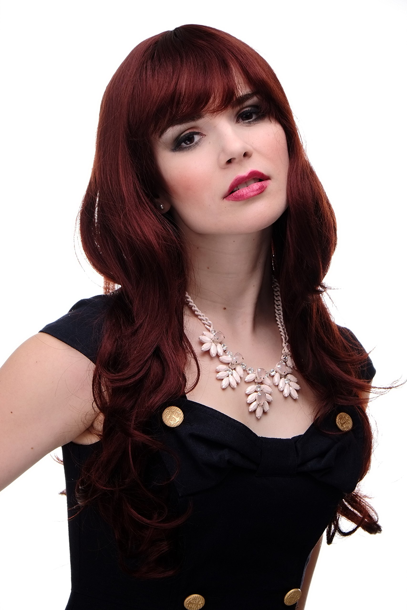 WIG ME UP 285-35 Lady Quality Wig very long beautiful curling ends straight top fringe bangs red brown rust brown approx 25inch
