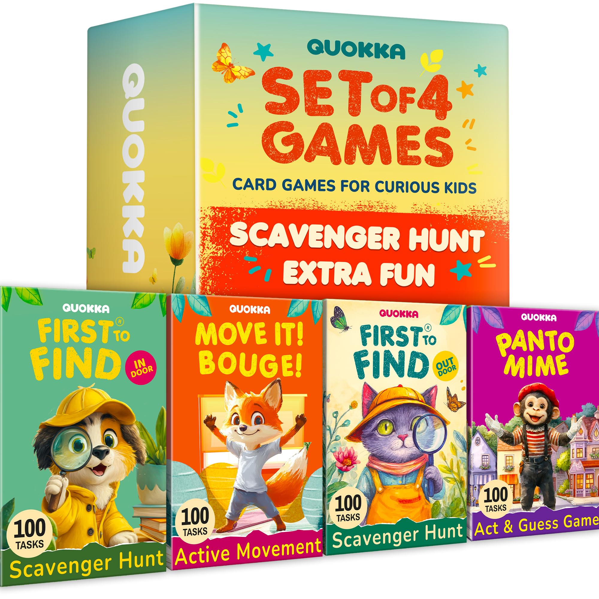 QUOKKA Kids Card Game Set Ages 4+ — 4 Games in 1 Box, 400 Creative Tasks, Scavenger Hunt for Kids, Charades & Animal-Themed Active Movement Indoor and Outdoor Games