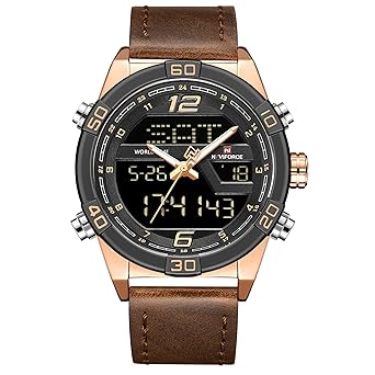 9128 Brown Analogue & Digital Leather Strap Watch for Men