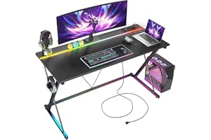 TIQLAB Gaming Desk with Power Outlets & LED 40 Inch Ergonomic Computer Carbon Fiber Surface Gamer Desk, PC Workstation with Headphone Hook for Bedroom, Kids Desk Gift for Boys, Black