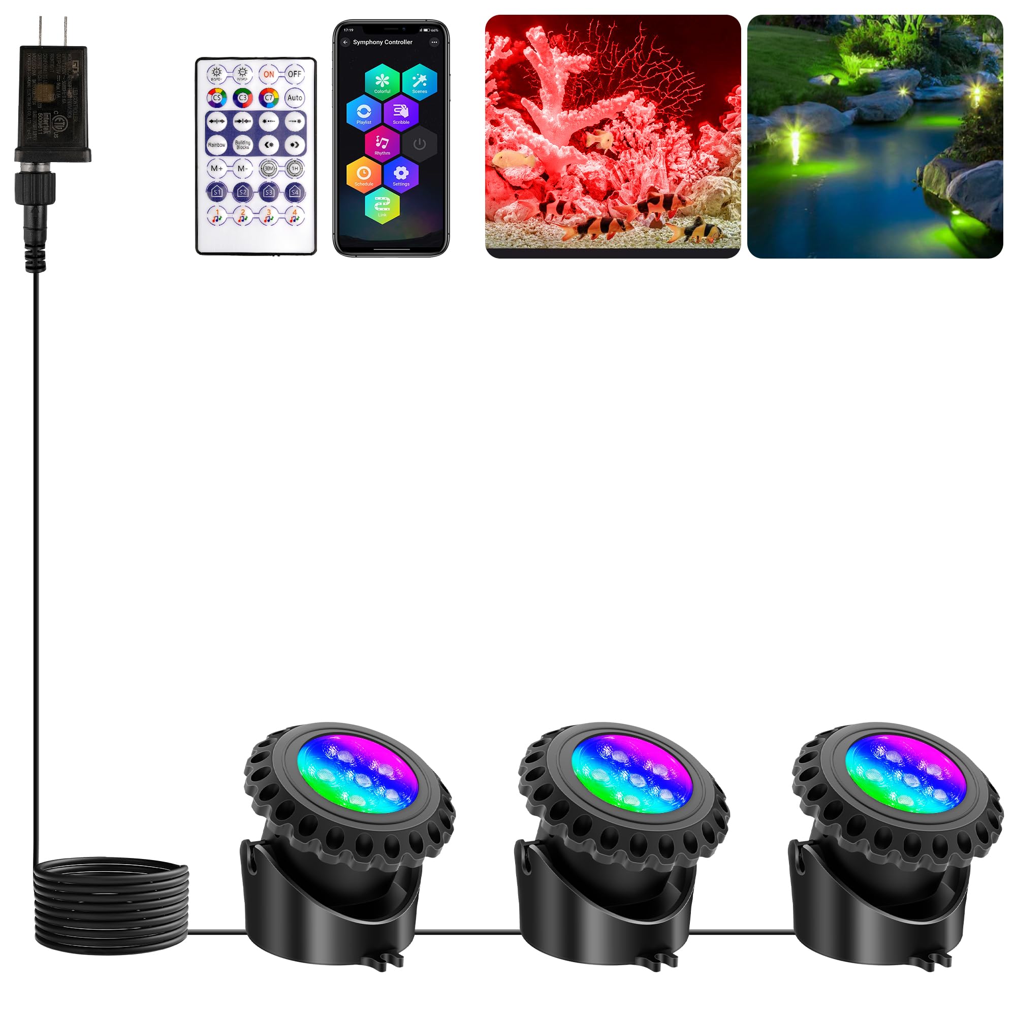 Photo 1 of T-SUN Colored Pond Lights with Timer, LED Underwater Submersible Fountain Fish Tank Landscape Lights - Bluetooth APP & Remote Control, IP68 Waterproof (Set of 3)
