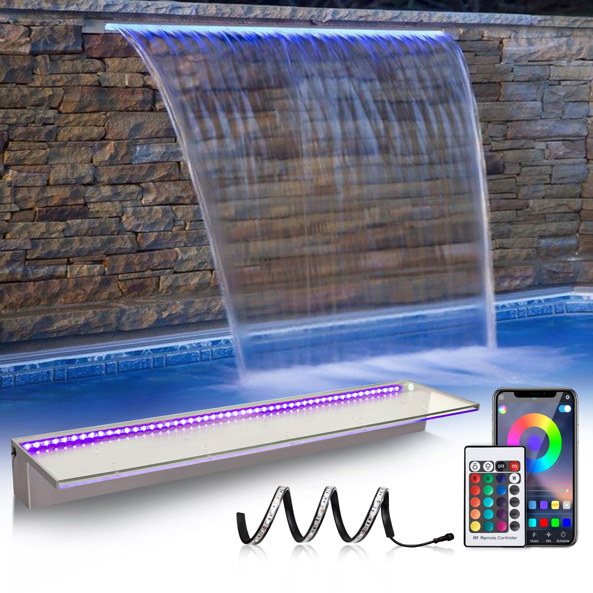 Photo 1 of PONDO 36'' APP Pool Waterfall with 16 Colors LED Lights, Acrylic Pond Fountain Set for Outdoor Decorations, Patio Waterfall Spillway Kit on The Wall for Garden, Easy Installation