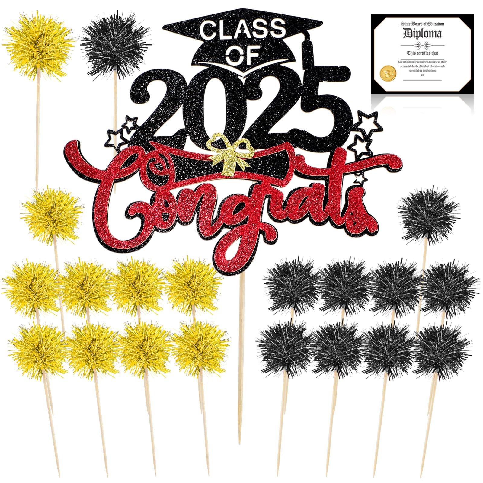 Photo 1 of 2 Sliner 22 Pcs Class of 2025 Graduation Cake Toppers Set Includes 1 Cake Topper Decorations 1 Diploma Card 20 Foil Firework Cupcake Toppers for Graduation Party Supplies(Gold, Black)