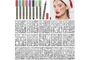 SOOVSY 8 Color Metallic Face Paint Body Temporary Tattoo Markers+ 155 Christmas Theme Tattoo Stencil Stickers, X-mas Party Gift for Kids and Adults