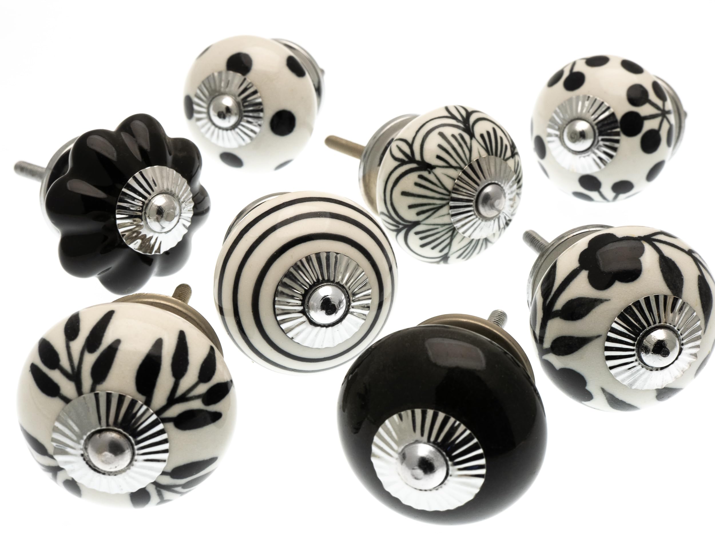 Mango Tree - Mixed Set of Black & White Ceramic Cupboard Knobs x Set of 8