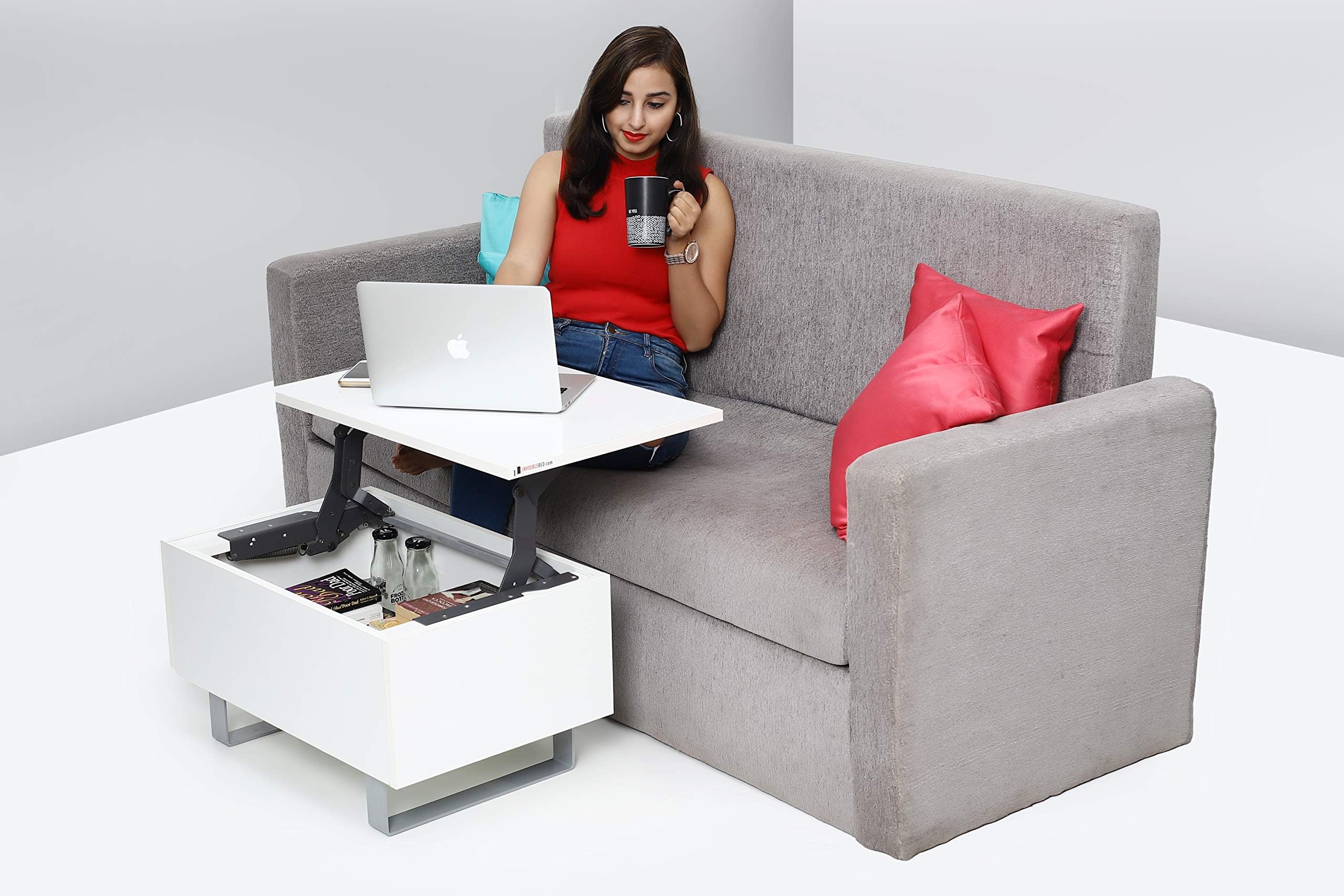 INVISIBLE BED New York Coffee Table with Liftable Table Top - Used as Centre Table, Study Table, Laptop Table, Mini Dining Table (MDF, White)