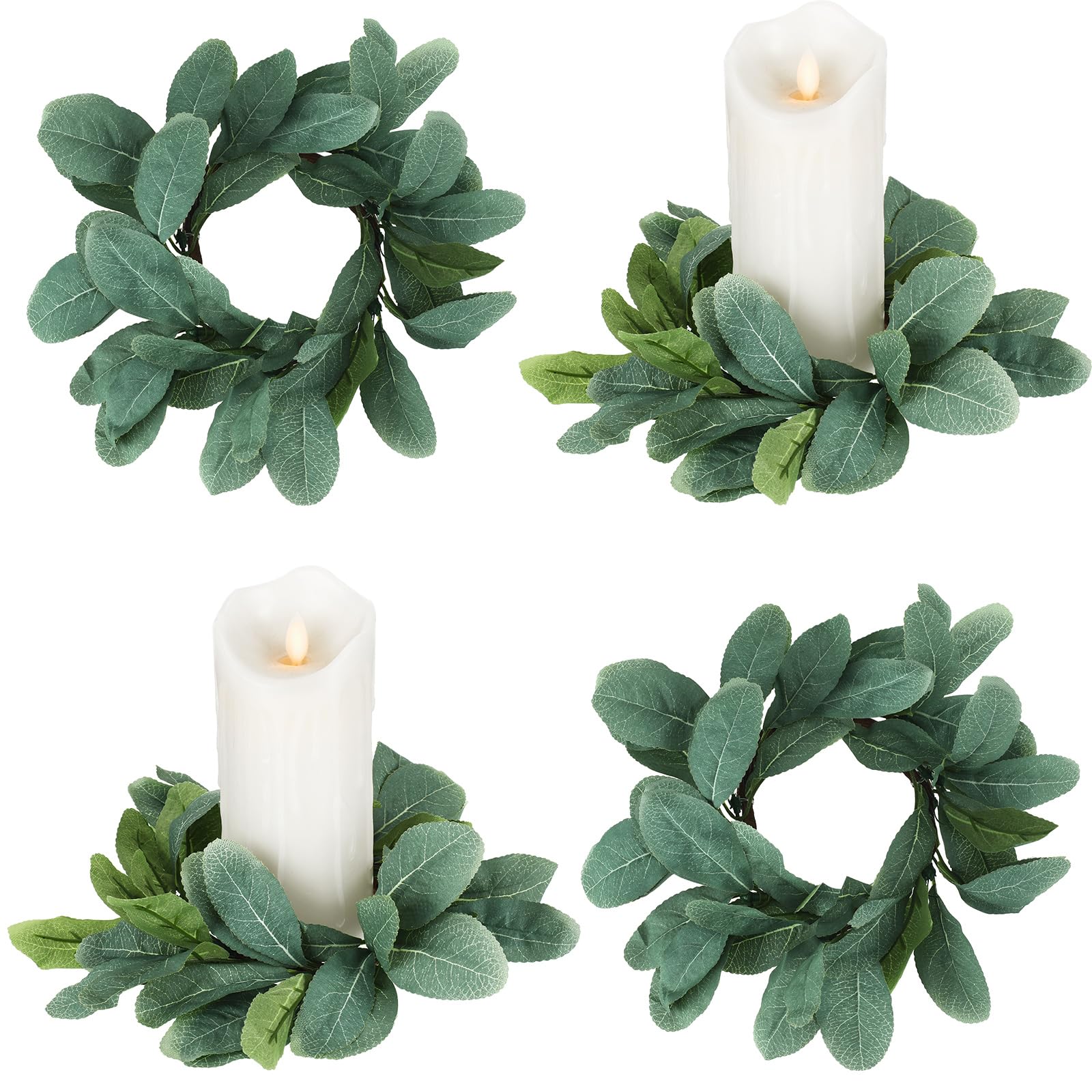 Photo 1 of Waydress 4 Pieces Candle Rings Artificial Eucalyptus Leaves Wreaths Small Boho Wreaths Rings Pillar Candle Holder for Wedding Home Door Tabletop Decoration