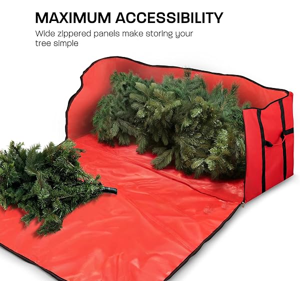 ZOBER WIDE CHRISTMAS TREE STORAGE BAG – MAXIMUM ACCESSIBILITY – FITS 7.5 FT TREES – 600D OXFORD FABRIC CHRISTMAS TREE BAG FOR STORAGE BOX FOR XMAS – STRONG, DURABLE STRAPS & HANDLES – CARD SLOT – RED