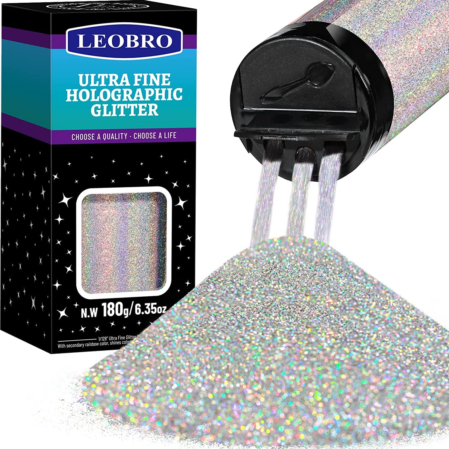 LEOBRO 180G/6.35OZ Holographic Ultra Fine Glitter, 1/128" Metallic Iridescent Powder Sequins Flakes for Hair, Face, Body, Nail, Resin Tumblers and Art Crafts, Black