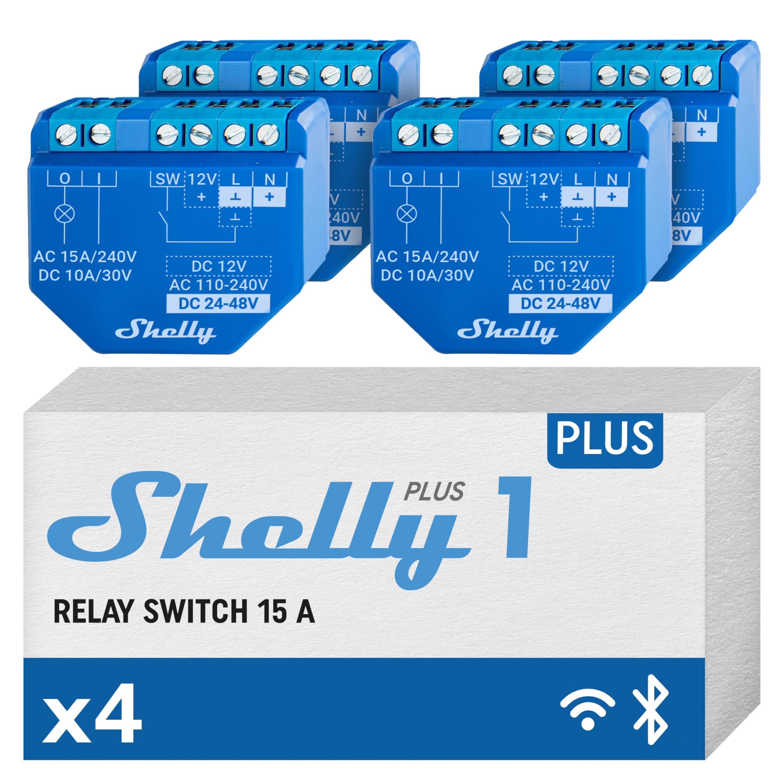 Shelly Plus 1 | WiFi & Bluetooth Smart Relay Switch | Home Automation | Alexa & Google Home Compatibility | iOS Android App | No Hub | Lighting and Garage door Control (4 Pack) — image 1