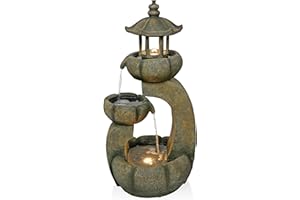 Alpine Corporation WIN1688 32" 2-Layer Pagoda Polystone Fountain with LED Lights, Cascading Waterfall, Outdoor Garden and Patio Water Feature, Zen Décor, Relaxing Sound, Brown