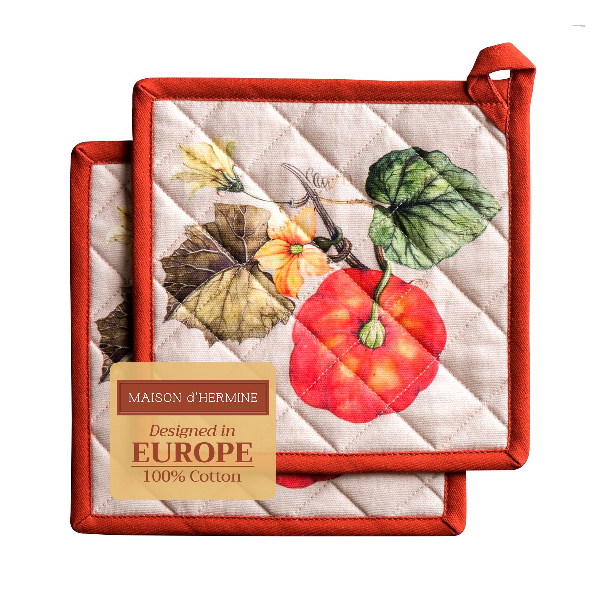 Maison d' Hermine Pot Holders Set 100% Cotton Heat Resistant Potholders 20 cm x 20 cm Hot Pads with Loop for Christmas Decorations BBQ Cooking Baking Handling Hot Pans (Pack of 2, Potiron)