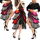 Hercicy 3 Pcs Day of The Dead Costumes Halloween Tie on Bustle Lady Multicolor Day of The Dead Bustle for Women Skull Skeleton Print Flower Bustle Dress for Girls Adult, Red, Rose Red and Brown Red