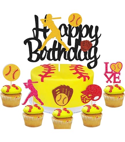 Softball Cupcake Topper - Glitter Paper Cake Decoration With Player Design, Includes Sticks For Birthday & Sports Parties - View #2