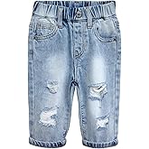 KIDSCOOL SPACE Infant Jeans,Baby Toddler Elastic Waist with D-Ring Ripped Denim Pants