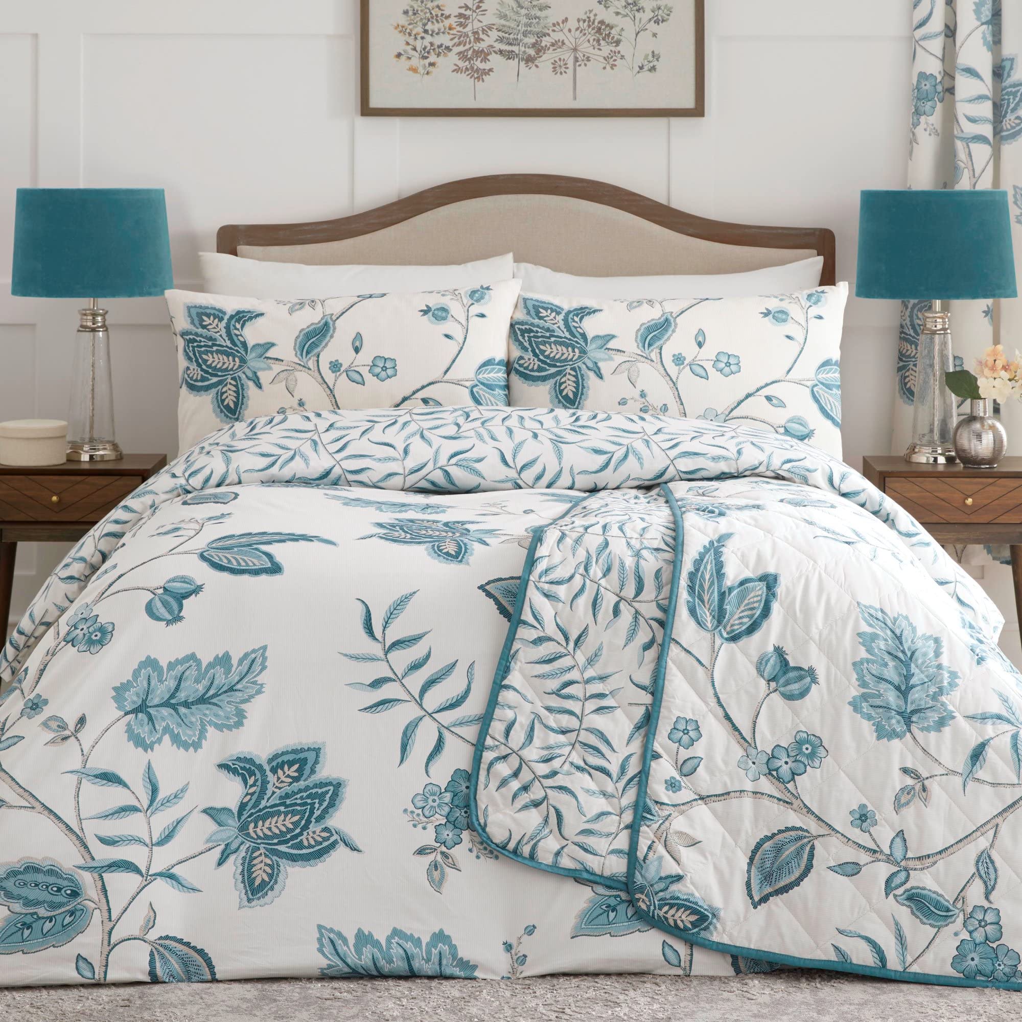 Dreams & Drapes Floral Duvet Cover Set – Teal Blue – Single Size (140 x 200cm) – Turquoise Damask Print – White & Blue Reversible Bedding – Vintage Style Bedroom Set