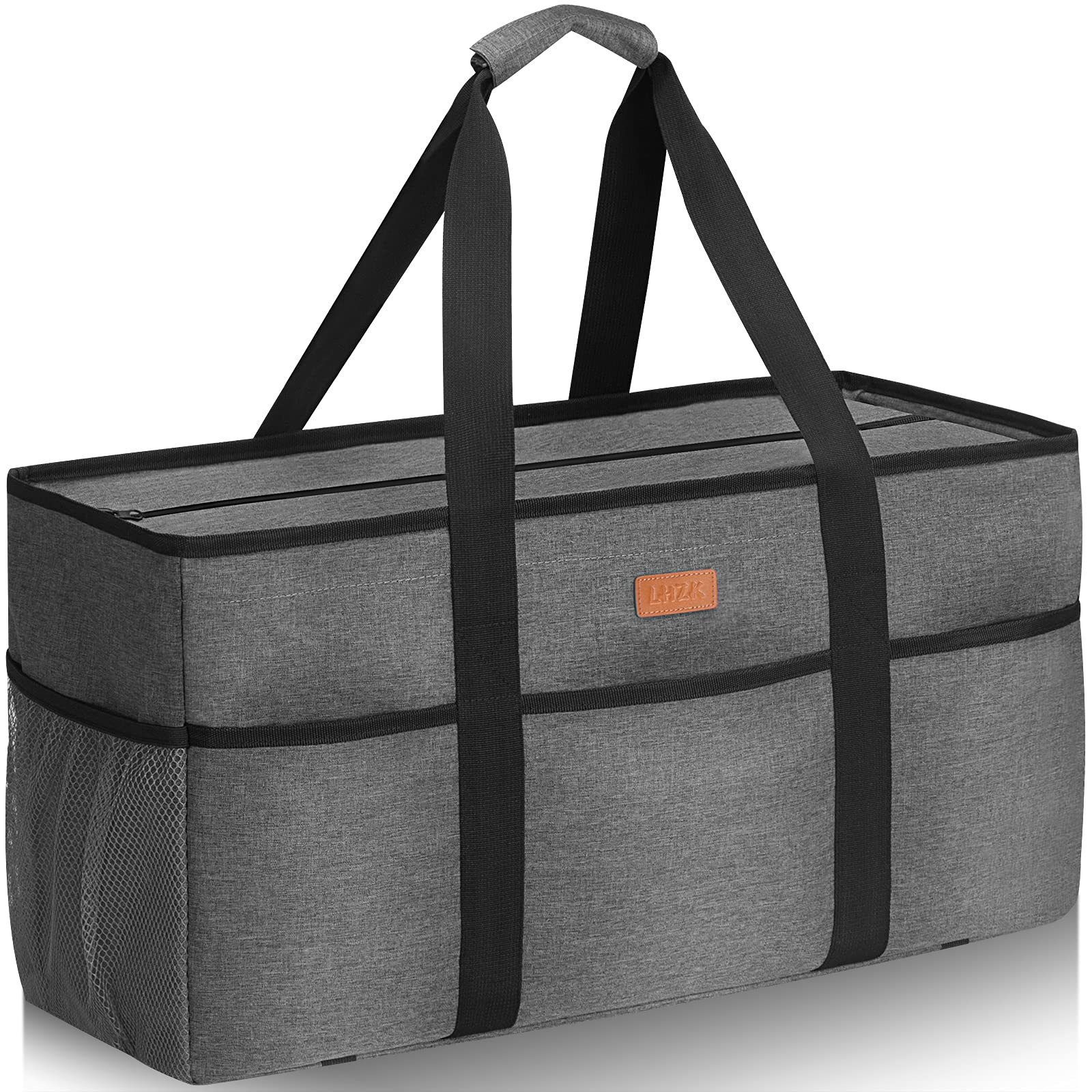 LHZK Stand Up Extra Large Utility Tote Bag with Lid, Utility Tote Bag with Metal Wire Frame and the Sides Rinforced, Reusable Grocery Bags Foldable, Beach Bag, Car Tote (Gray) Image