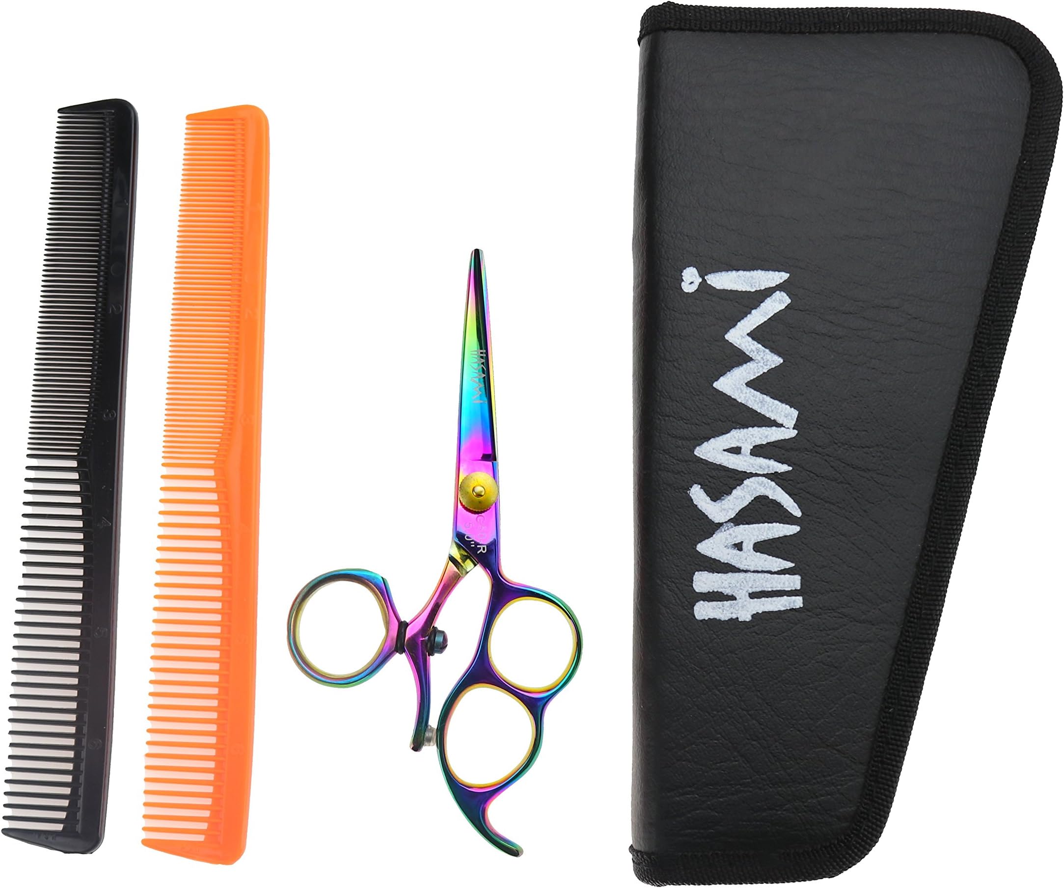 Righty 5 Inches Hair Cutting Shears Set. Titanium Finish. With 3 Finger Holes With Rotating Thumb. Japan Stainless Steel. Two Hair Combs and Case.