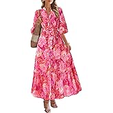 MASCOMODA Womens Floral Maxi Dresses Boho Summer Casual V Neck 3/4 Puff Sleeve Button Down Tie Waist Long Flowy Shirt Dress