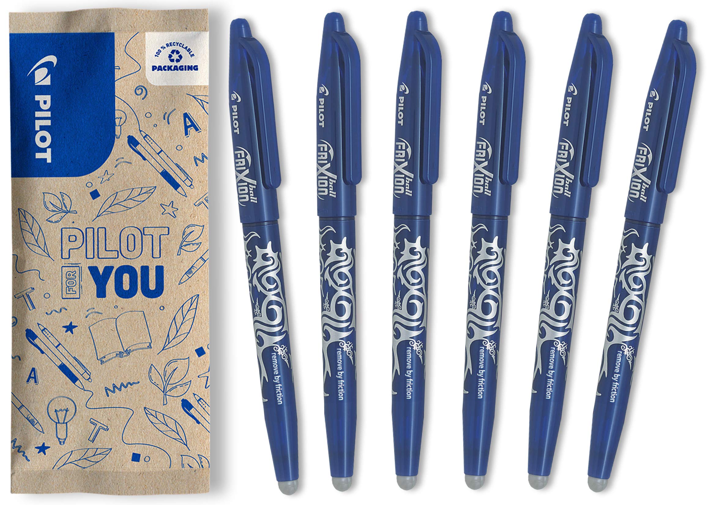 PILOT - FriXion Ball Erasable Pen - 0.7mm Tip Rollerball - 6 x Blue Pens