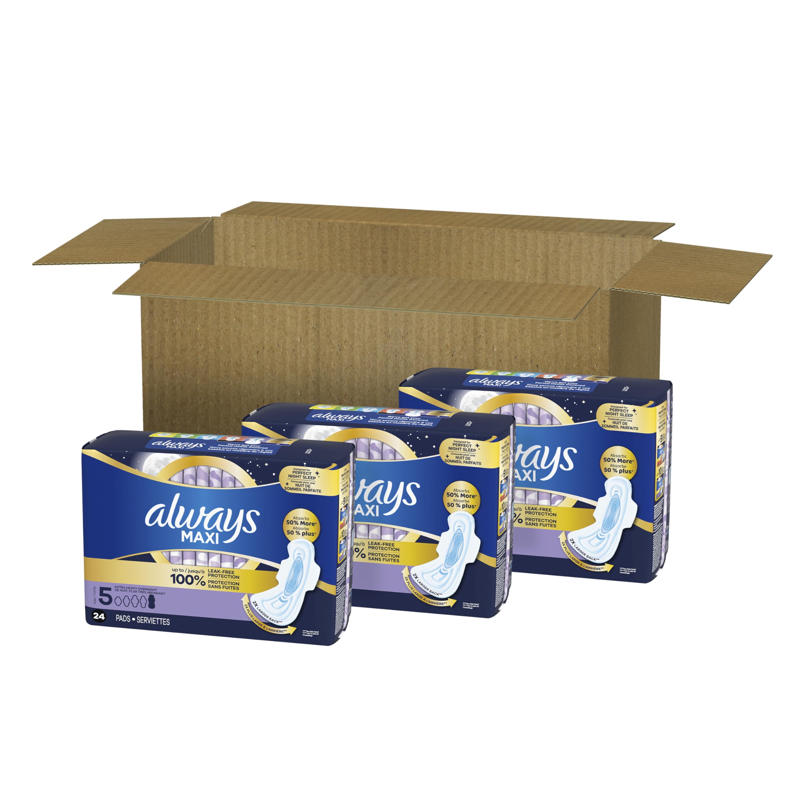 Always Maxi Overnight Pads with Wings, Size 5, Extra Heavy Overnight, Unscented, 72 Count