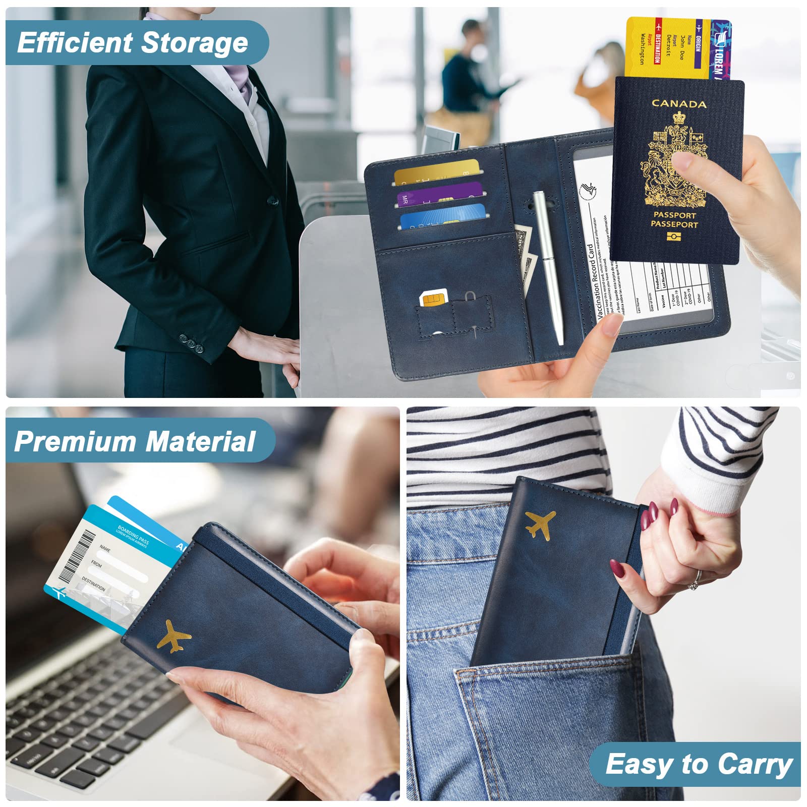 DMLuna Passport Holder, Premium PU Leather Travel Passport Wallet RFID Blocking Passport Cover Case Travel Documents Organizer with Pen Holder, for Women and Men