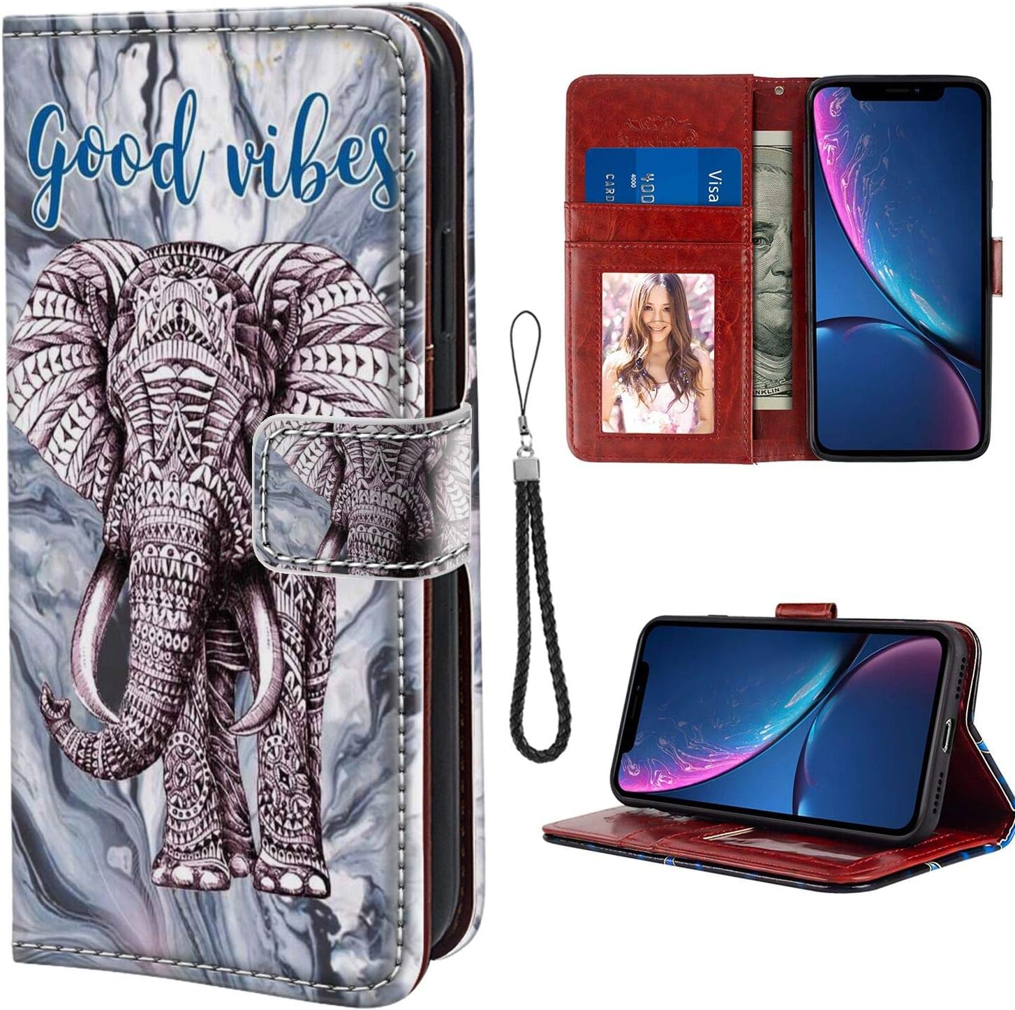 FHJGBNG iPhone Xr PU Leather Wallet Case Elephant Marble Wallet flip with Card/Cash Slots Magnetic Clip Wrist Strap Series