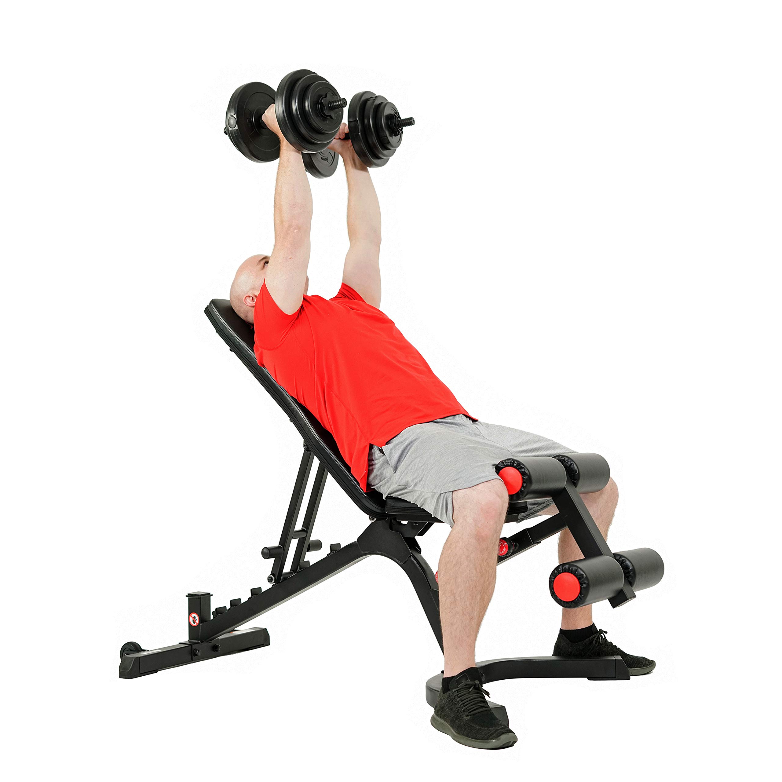 Sunny Health & Fitness Compact Premium Incline Bench Press Bar Rack Set & Optional Leg Extension Developer, Preacher Curl for Solid Strength Training Home Gym