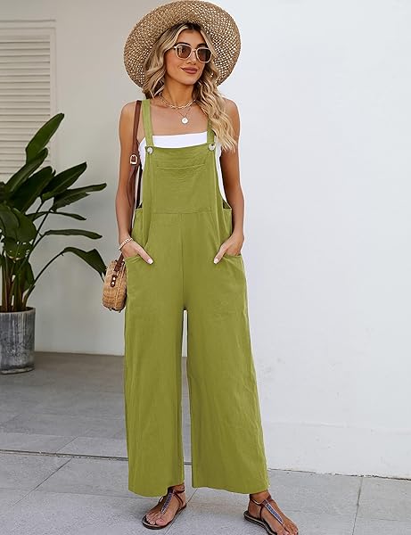 EISCTND OVERALLS WOMEN SLEEVELESS BAGGY JUMPSUIT FOR WOMEN COMFORTABLE CASUAL WIDE LEG ROMPERS WITH POCKETS LIGHTGREEN XXL