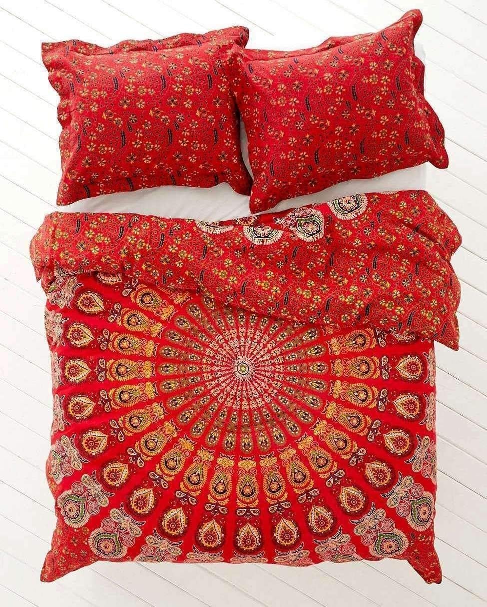 Exclusive Queen Size Bohemain Mandala DuvetCover with Pillowcases, Indian Donna Cover Set Boho Duvet Cover. Bohemian Bedspread with magazineholder LetterHolder WallHanging (Red)