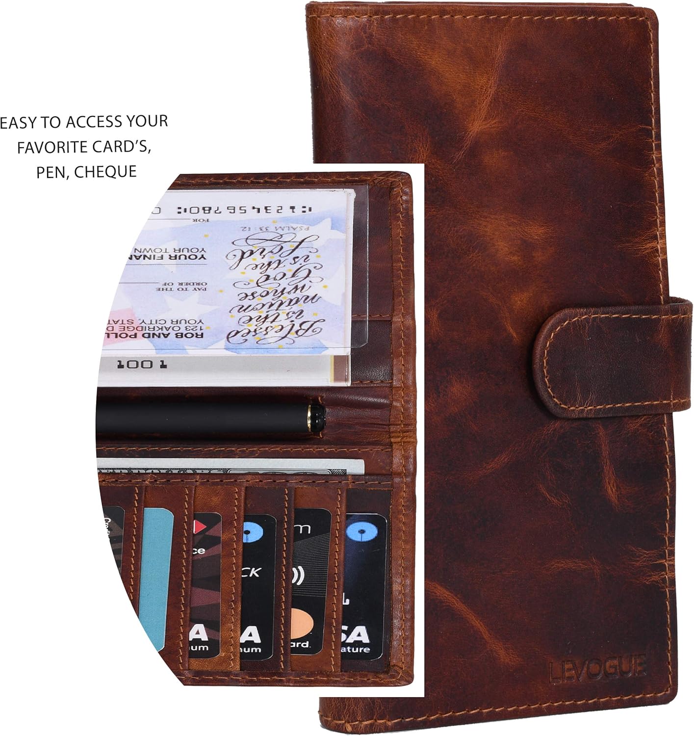 LEVOGUE-Premium Quality Leather RFID Unisex Checkbook cover-Duplicate Checks RFID Card Standard Register with pen inserts, Cognac Vintage, Small at  Women’s Clothing store