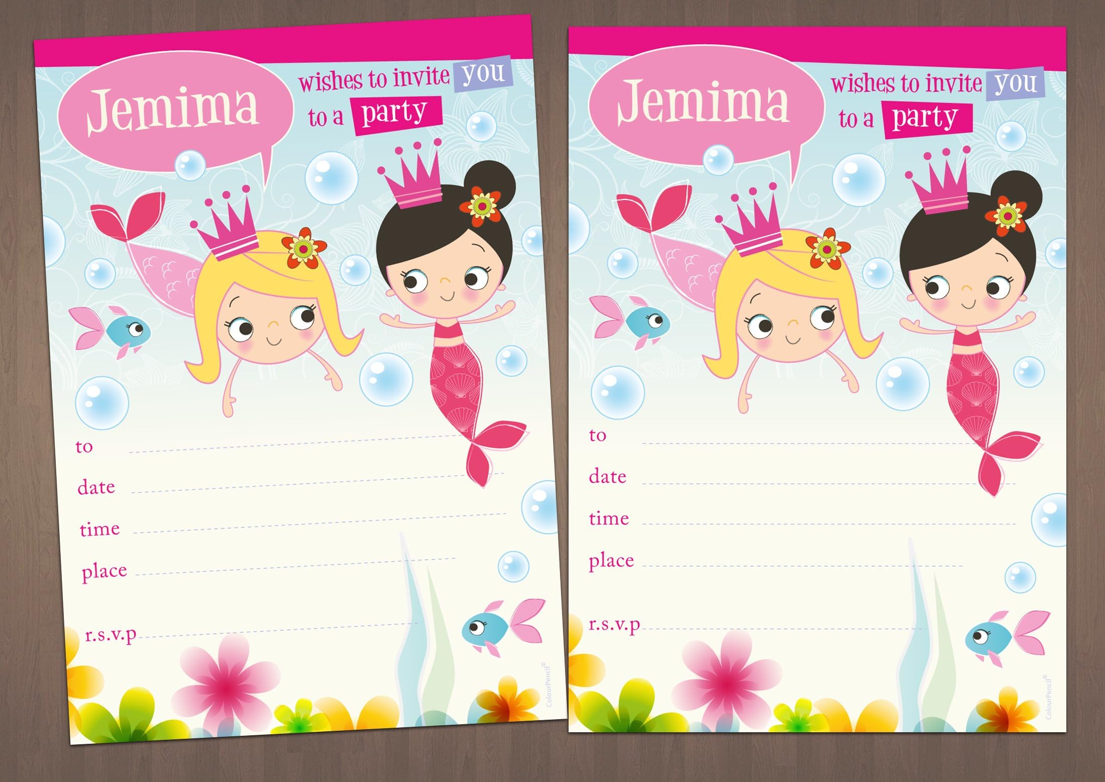 20 Children's Personalised Birthday Party Invitations - Mermaids