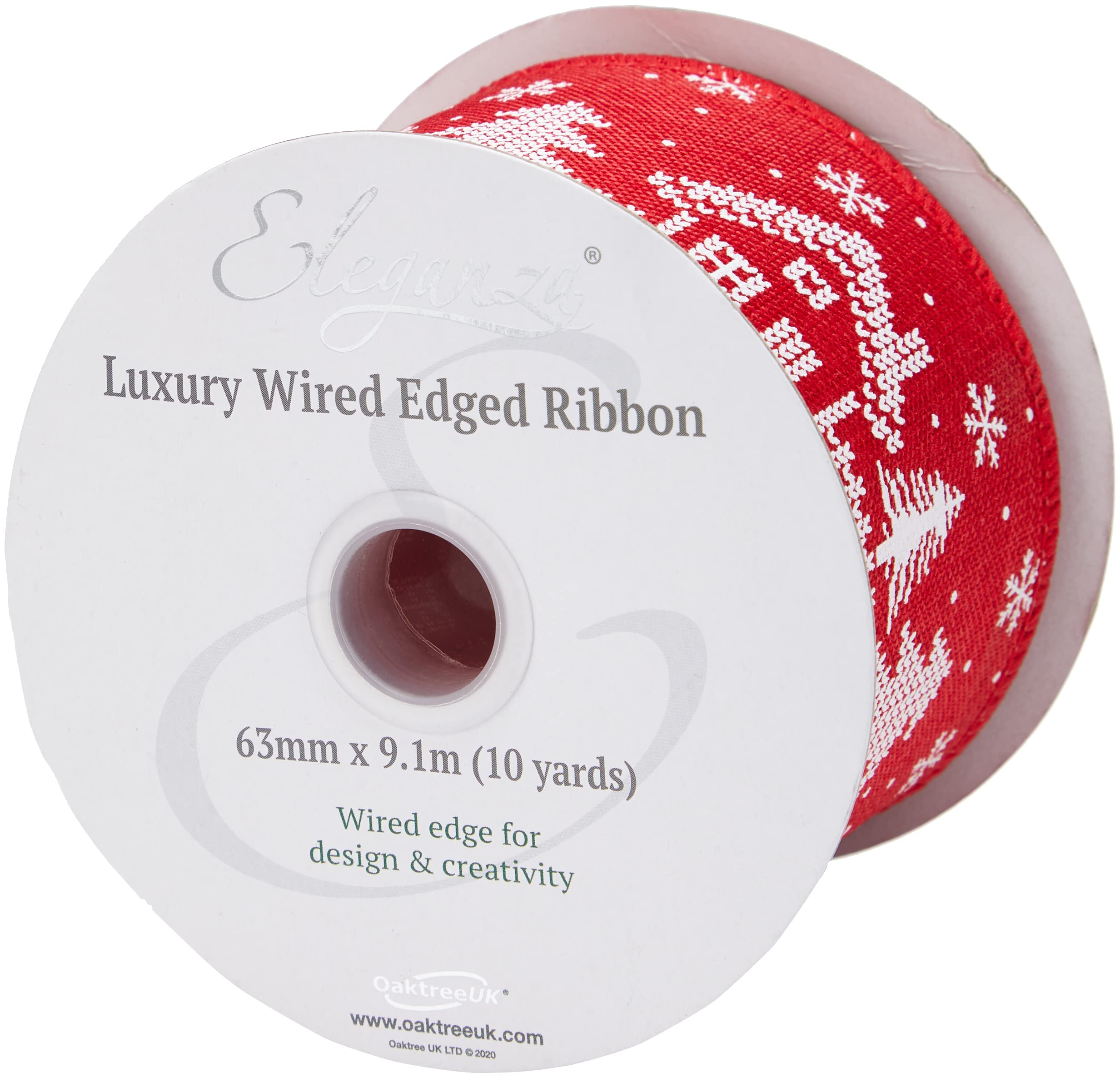 Oaktree UK Eleganza Wired Edge Christmas Houses Ribbon 63mm x 9.1m Red No.16