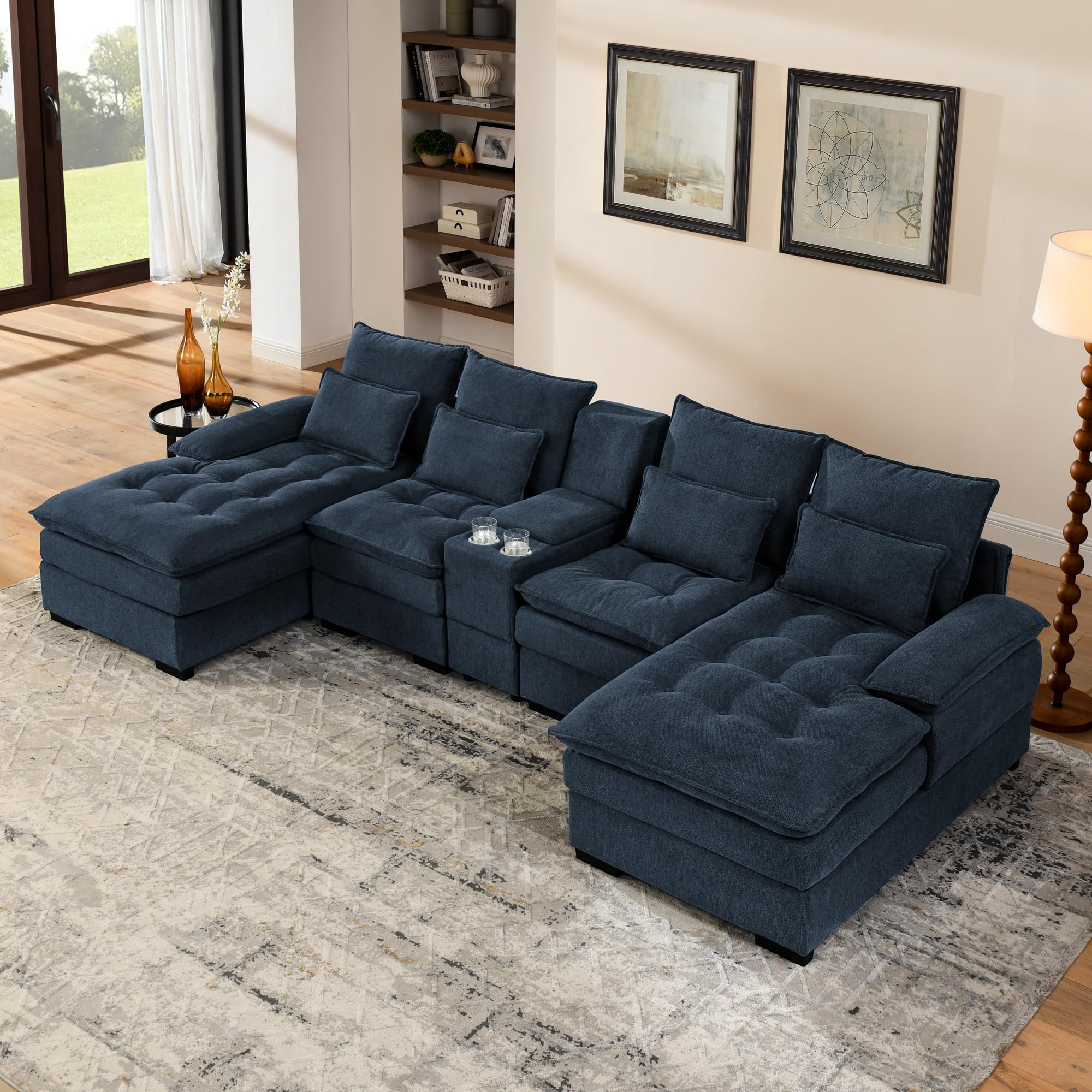 Photo 1 of FAVSH 130" U-Shaped Sectional Sofa with Storage Console & Cup Holders, Upholstered 6 Seat Living Room Sleeper Couch Furniture Set w/Chaise, Cloud Cushion Couch for Home, Office, Apartment,Blue