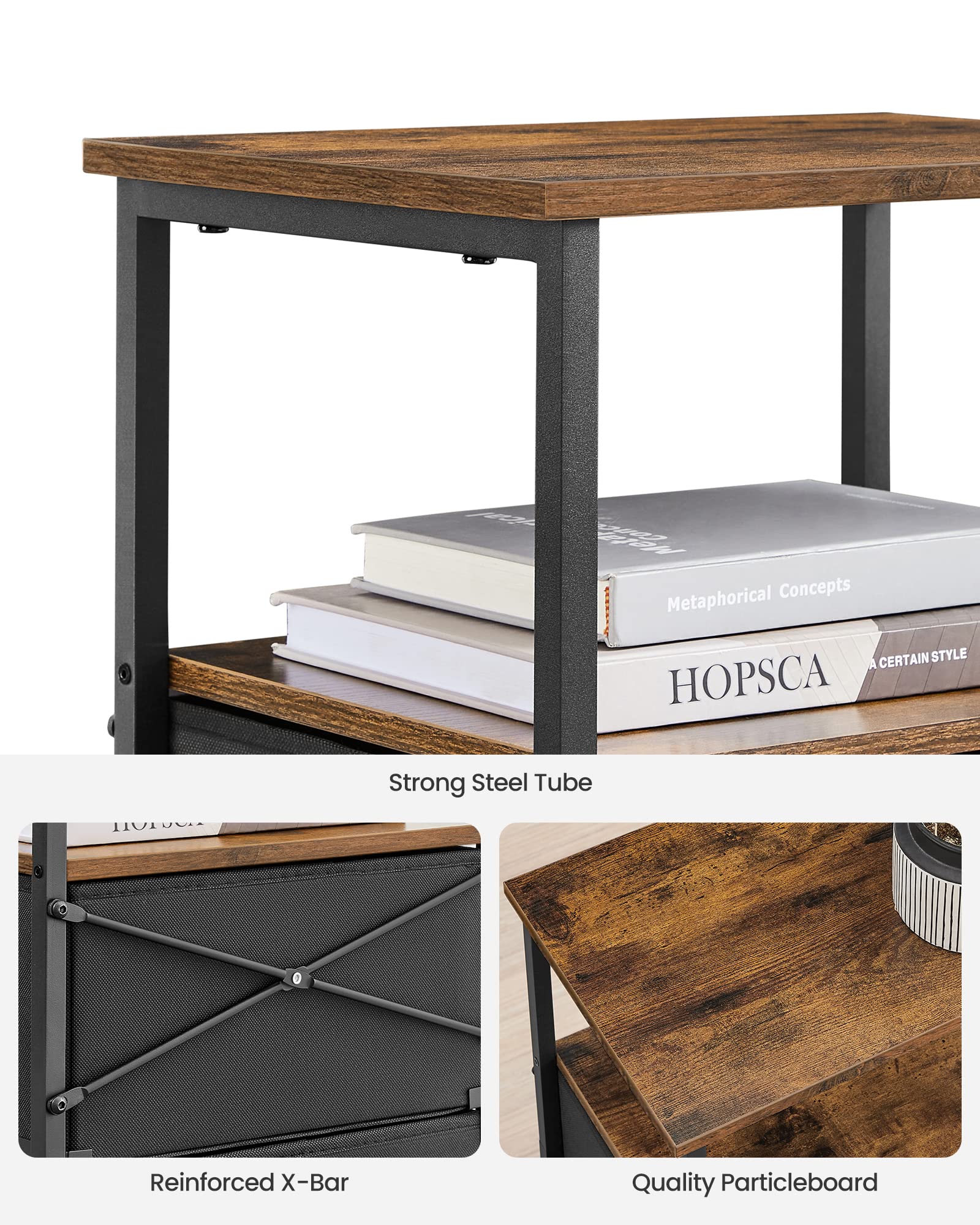 VASAGLE Nightstand, 24-Inch Tall Side Table with 2 Fabric Drawers and Storage Shelf, for Bedroom, Rustic Brown and Black ULGS025B01