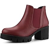 Allegra K Women's Lug Sole Chunky Heel Chelsea Burgundy Ankle Boots 7 M US