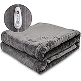 HEYNEMO Heated Blanket 50" x 60",Microplush Flannel Electric Blanket for 89°F-108°F,10 Heating Levels Heating Blanket & 1-12 Hours Auto Shut Off,Grey